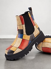 preiswerte Chelsea -Stiefel-mehrfarbige Chelsea-Stiefel im Patchwork-Stil für Damen – moderne dicke Sohle mit elastischen Seiteneinsätzen für Retro- und Casual-Styling