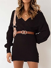 abordables mini robe noire-robe pull femme quotidien élégant couleur unie col en V col en V manches évêque manches longues hauts réguliers tricot formel extérieur noir rouge automne hiver