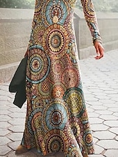levne Boho šaty-Dámské maxi šaty šaty s posunem áčkové šaty Boho elegantní stylové dovolená párty každodenní běžné měření grafické dlouhé rukávy kulatý výstřih pestré jaro podzim