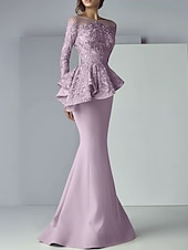voordelige Vloerlengte-Zeemeermin moeder van de bruid jurk formele bruiloft gast elegante scoop hals vloer lengte kant stretch stof lange mouw met ruffles applicaties 2025 gratis maat op maat