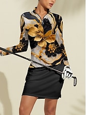 billiga Polos &amp;amp; kvartsdragkedjor-Dam Vandringspolotröja Svart+Guld Långärmad Överdelar Golfkläder för damer Kläder Outfits Bär kläder