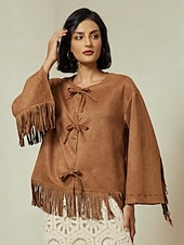 cheap Designer Jackets &amp; Coats-Suede Fringed Flare Cuff Sleeve Jacket