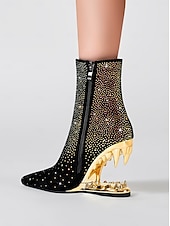 abordables Bottines-bottines noires à tête de mort pour femmes avec ornements en strass et talons découpés dorés – talons audacieux pour la mode gothique et les fêtes