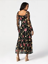 preiswerte abendkleider-Damen schwarzes kleid Maxidress Rüsche Bestickt Elegant Quadratischer Ausschnitt Langarm Schwarz Farbe