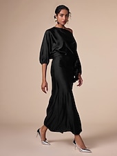 economico Women&#039;s Sets-Set di due pezzi per invitati al matrimonio in raso, collo slash floreale, maniche a Giulietta, gamba larga