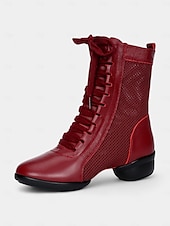 cheap Dance Boots-Women&#039;s Red Lace-Up Dance Boots with Mesh Panels and Low Heel, Ideal for Jazz, Ballroom, and Latin Dance Performances