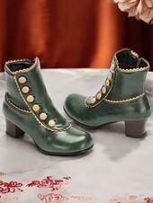 cheap 1930s-Victorian Vintage Green Leather Ankle Boots for Women – Retro Button Design with Scalloped Trim, Perfect for Fall Fashion