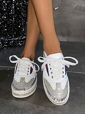 cheap Women&#039;s Sneakers-Women&#039;s Glitter-Accented Black Lace-Up Sneakers – Rhinestone Embellished, Colorful Casual Athletic Shoes for Fashionable Everyday Wear