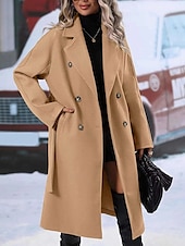 baratos Casacos de Inverno-Mulheres Casaco de inverno A Prova de Vento Manter Quente Botões Com cinto Elegante Ao ar livre Côr Sólida Trabalho Casual Trespassado Aberto para a Lateral Ajuste Largo Manga Longa agasalhos Preto