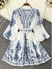 levne Boho šaty-Dámské Midi šaty Áčkové šaty Boho šaty Elegantní Denní Běžný Květinový Geleneksel Dlouhý rukáv Do V Vodní modrá Jaro Podzim Zima