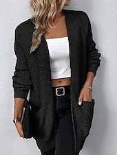 cheap Cardigans &amp; Outerwears-Women&#039;s Cardigan Daily Casual Solid Color Crew Neck Knitted Textured Long Sleeve Long Tops Knit Home Work Daily Black Pink Fall Winter