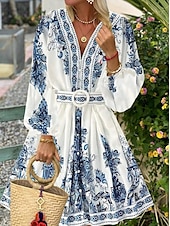 levne Boho šaty-Dámské Midi šaty Áčkové šaty Boho šaty Elegantní Denní Běžný Květinový Geleneksel Dlouhý rukáv Do V Vodní modrá Jaro Podzim Zima