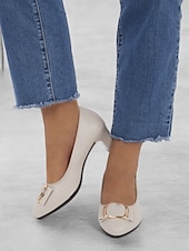 cheap Block Heels-Women&#039;s Beige Low Block Heel Pumps with Gold Buckle and Flexible Sole – Comfortable Slip-On Shoes for Office and Formal Wear