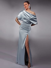 levne šampaň-Šaty Střihu Večerní Šaty Elegantní Šaty Formální Dlouhá Délka Bez Rukávů Off Shoulder Satén s Rozparkem