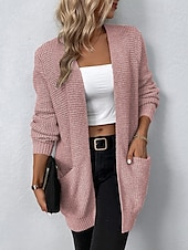 cheap Cardigans &amp; Outerwears-Women&#039;s Cardigan Daily Casual Solid Color Crew Neck Knitted Textured Long Sleeve Long Tops Knit Home Work Daily Black Pink Fall Winter