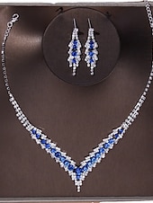 economico Collana da donna-set di collana e orecchini di cristallo blu di lusso da donna - eleganti gioielli da sposa per matrimoni e occasioni formali