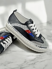 cheap Women&#039;s Sneakers-Women&#039;s Glitter-Accented Black Lace-Up Sneakers – Rhinestone Embellished, Colorful Casual Athletic Shoes for Fashionable Everyday Wear