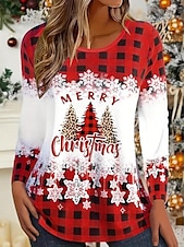 economico Magliette di Natale-tunica natalizia da donna manica 3/4 stampa albero di natale casual elasticizzata rosso bianco fiocco di neve girocollo abbigliamento invernale festivo