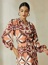 economico Bluse e camicie-camicetta in raso bohémien con scollo a V e maniche a lanterna