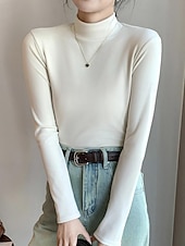 abordables T-shirt uni-Femme Tunique Couleur unie Décontractées manche longue Col Roulé Hauts réguliers du quotidien Noir Jaune Blanc Ecru Kaki Automne Hiver