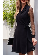olcso Női fekete ruha-Női Munkaruha Fekete ruha Divat Iroda Napi Mini ruha Fűzős Állógallér Hosszú ujj Sima Normál Fekete Tavasz Ősz S M L XL