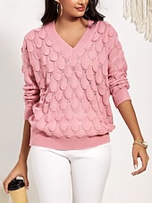 preiswerte Grafische Muster und Details-Damen Pullover Elegant Modisch Täglich Blumen V Ausschnitt Ausgehöhlt Langarm Normale Oberteile Stricken Arbeit Rosa Rote Herbst Winter