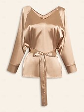 baratos Blusas e Camisas-blusa elegante decote em v com cinto dourado de cetim