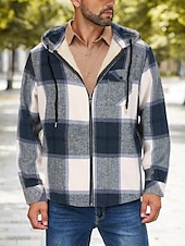 preiswerte Herrenjacken &amp; Herrenmäntel-Herren Hemdjacke Kapuzenjacke Shacket Flanell-Fleecejacke Täglich Urlaub warm Mit Kapuze Herbst Winter Schottenstoff Kariert Modisch Strassenmode Kargen Standard Schwarz Dunkelrot Hellgrün Rote Blau