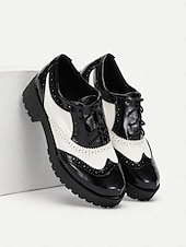 preiswerte Vintage-Schuhe für Damen-Damen-Oxford-Schuhe in Schwarz und Weiß im Brogue-Stil – Schnürschuhe aus Lack-Kunstleder, dicke Sohle, Vintage-Stil für formelle und legere Kleidung