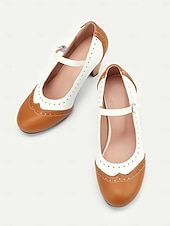 levne 50. léta 20. století-dámské vintage dvoubarevné podpatky mary jane s brogue detaily – retro boty s blokovým podpatkem na večírky a formální příležitosti