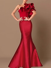 abordables ROUGE-Robe de Soirée Sirène Corsets Robe Invité de Mariage Formel Longueur de Sol Sans Manches Une Épaule Taffetas avec Volants Fleurs à l&#039;Épaule Robe Mascarade 2025