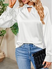 economico Top eleganti-Per donna Camicia Elegant Elegante Raso/Satin Tinta unica Signore Elegante Manica Lunga Scollo a V Top Regolari Feste Lavoro Nodo attorcigliato Nero Bianco Verde Cachi Autunno Inverno