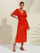 Robe midi portefeuille froncée en lin tencel pour femme orange rouge col en V abordables Robes décontractées-Robe midi portefeuille froncée en lin tencel pour femme orange rouge col en V