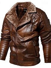 billige Lærjakker-Herre Lærjakker Fleece-jakke Biker jakke Motorsykkeljakke Daglig Feriereise Vindtett Hold Varm Lomme Høst vinter عادي Mote Klassisk Knaphul Normal Svart Rød Brun kaffe Jakker