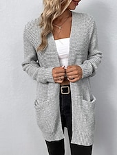 cheap Cardigans &amp; Outerwears-Women&#039;s Cardigan Daily Casual Solid Color Crew Neck Knitted Textured Long Sleeve Long Tops Knit Home Work Daily Black Pink Fall Winter