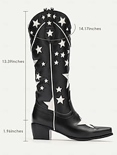 tanie Kowboj i zachodnie buty-czarne, kowbojskie buty w stylu western z wzorem w gwiazdy i białymi kontrastowymi zdobieniami – stylowe buty ze sztucznej skóry do rodeo, stylu country i na co dzień