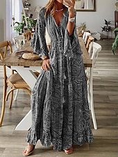 billiga Bohemklänningar-Dam Maxiklänning Vintage klänning Vardagsklänning Boho-klänning Ledigt Dagligen Lös passning Grafisk Långärmad V-hals Rubinrött Blå Grön Grå Vår Höst