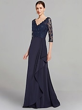 cheap Floor Length-A-Line Mother of the Bride Dress Elegant V Neck Floor Length Stretch Chiffon 3/4 Length Sleeve with Lace Pleats free custom size