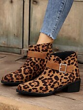 abordables Botines-Botines con estampado de leopardo para mujer con correa de hebilla, estilo occidental informal, tacón bajo cómodo para uso diario