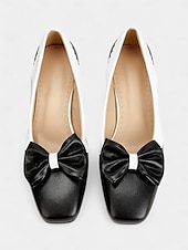 cheap 1950s-Women&#039;s Black and White Block Heel Pumps with Bow Detail – Vintage-Inspired Low-Heel Shoes for Office, Casual, and Dressy Occasions
