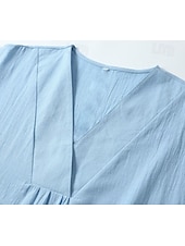 preiswerte Kleider aus Baumwolle und Leinen entwerfen-Damen Midikleid V-Ausschnitt Knitterstruktur Hellblau Kurzarm Lässige Strandmode Lockere Passform Atmungsaktive Sommerbekleidung