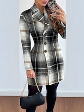 cheap Print Coats-Women&#039;s Overcoat Thickened Button Down Winter Lattice Print  Lapel Coat for women