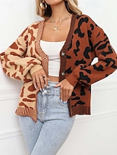cheap Sweaters &amp; Cardigans-Women&#039;s Cardigan Fashion Daily Casual Leopard Color Block Print Open Front Knitted Long Sleeve Regular Tops Knit Formal Home Red Brown Fall Winter