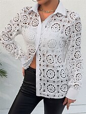 economico Top eleganti-camicetta da donna basic casual pizzo manica lunga regular top scollo a V quotidiano uscita bianco primavera&amp;amp;  autunno