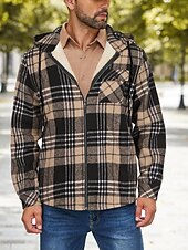 preiswerte Herrenjacken &amp; Herrenmäntel-Herren Hemdjacke Kapuzenjacke Shacket Flanell-Fleecejacke Täglich Urlaub warm Mit Kapuze Herbst Winter Schottenstoff Kariert Modisch Strassenmode Kargen Standard Schwarz Dunkelrot Hellgrün Rote Blau