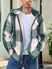 preiswerte Herrenjacken &amp; Herrenmäntel-Herren Hemdjacke Kapuzenjacke Shacket Flanell-Fleecejacke Täglich Urlaub warm Mit Kapuze Herbst Winter Schottenstoff Kariert Modisch Strassenmode Kargen Standard Schwarz Dunkelrot Hellgrün Rote Blau