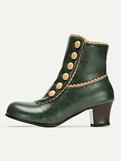 cheap 1930s-Victorian Vintage Green Leather Ankle Boots for Women – Retro Button Design with Scalloped Trim, Perfect for Fall Fashion