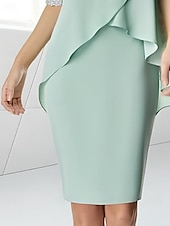 preiswerte Teelänge-Strandhochzeit Etuikleid Mutter der Braut Kleid Hochzeitsgast Eleganter Juwelenausschnitt Teelänge Chiffon halblangärmelig mit Perlen-Raffung