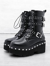 tanie Buty bojowe-damskie czarne buty bojowe na platformie z paskami z ćwiekami i klamrami, punkowe buty motocyklowe w stylu gotyckim do cosplayu i streetwearu