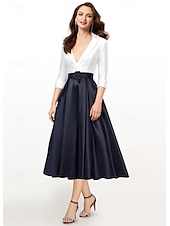 baratos Vestidos de Cocktail-Vestido Mãe da Noiva A-Line Vestido Tuxedo Vestido Elegante Decote V Comprimento Chá Cetim Manga 3/4 com Pregas Cor Block Vestidos Derby 2025 tamanho personalizado grátis